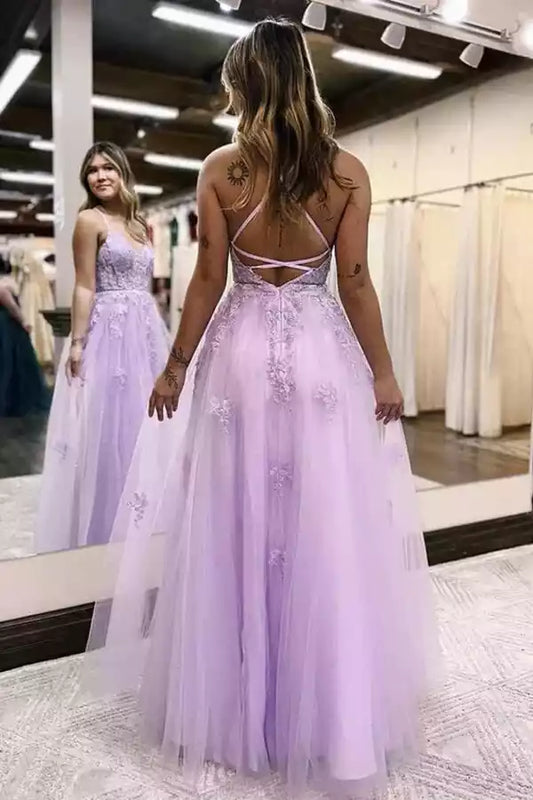 Enchanting Lilac Tulle A-Line Prom Dress with Lace Bodice & Criss-Cross Back
