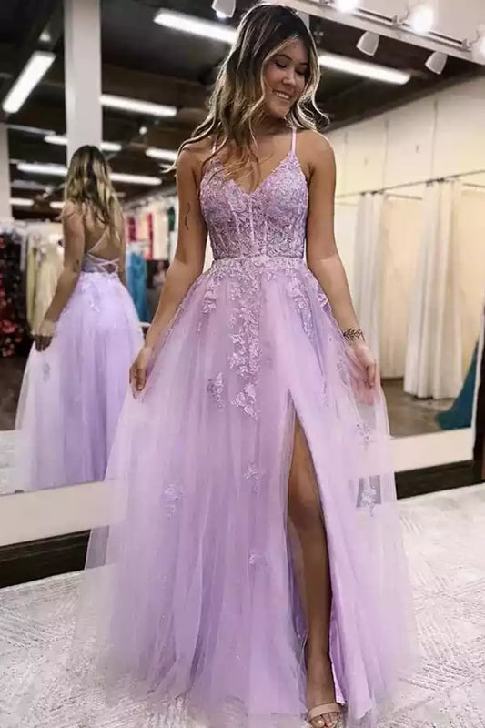 Enchanting Lilac Tulle A-Line Prom Dress with Lace Bodice & Criss-Cross Back