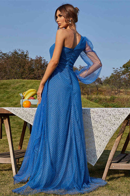 Robes de soirée en tulle à pois, charmantes, avec encolure asymétrique à une épaule, manches bouffantes transparentes et robe de soirée audacieuse avec fente haute