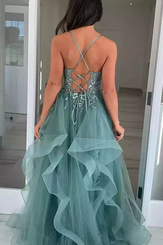 Enchanting Sage Green Tulle A-Line Dress with Lace Bodice & Criss-Cross Back