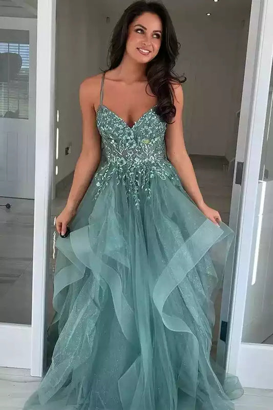 Enchanting Sage Green Tulle A-Line Dress with Lace Bodice & Criss-Cross Back