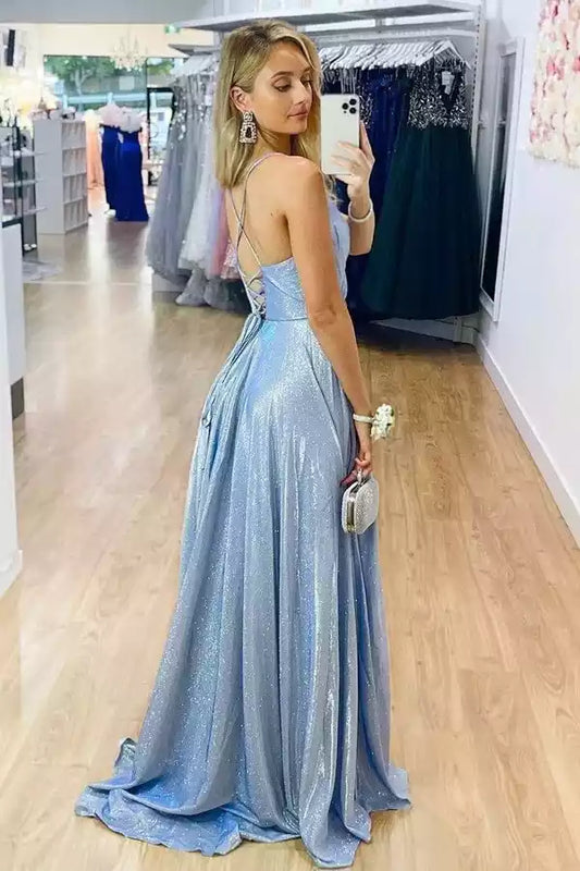 Enchanting Sky Blue Shimmer A-Line Dress with Plunge V-Neck & Lace-Up Back