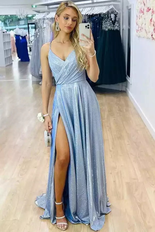 Enchanting Sky Blue Shimmer A-Line Dress with Plunge V-Neck & Lace-Up Back