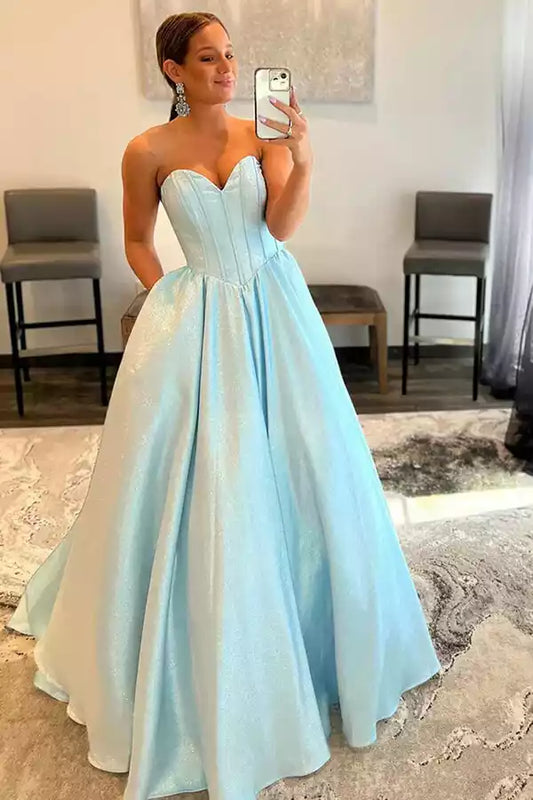 Enchanting Sky Blue Shimmer Ball Dress with Sweetheart Neck & Open Back