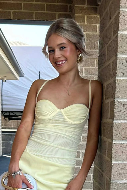 Enchanting Spaghetti Strap Prom Dresses with Sweetheart Neckline, Ruched Mesh Bodice, Side Slit and Flowing Satin Maxi Silhouette Formal Gown by JiMiss Dresses
