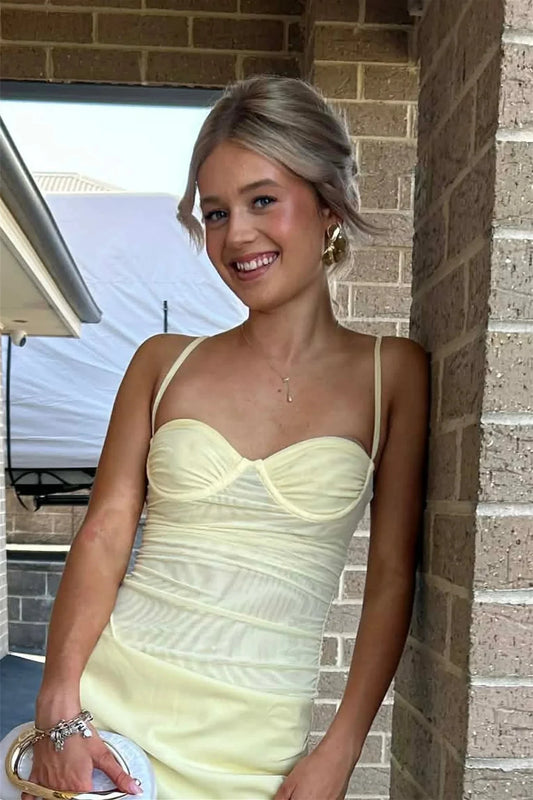 Enchanting Spaghetti Strap Prom Dresses with Sweetheart Neckline, Ruched Mesh Bodice, Side Slit and Flowing Satin Maxi Silhouette Formal Gown by JiMiss Dresses
