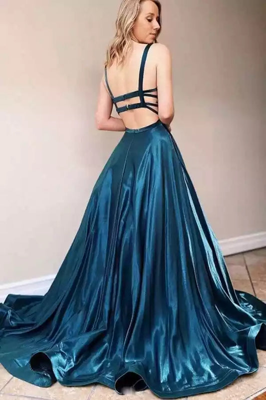 Enchanting Teal Metallic Ball Dress with Square Neck & Cutout Back