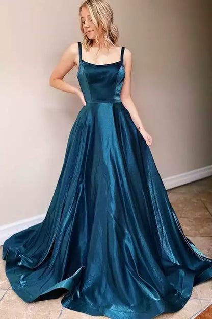 Enchanting Teal Metallic Ball Dress with Square Neck & Cutout Back