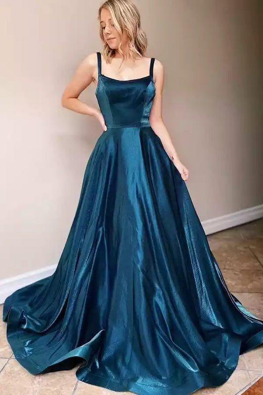Enchanting Teal Metallic Ball Dress with Square Neck & Cutout Back