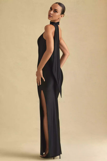 Enchanting and alluring asymmetrical neckline, single shoulder strap, high slit, straight tube silhouette, side slit, Prom Dresses