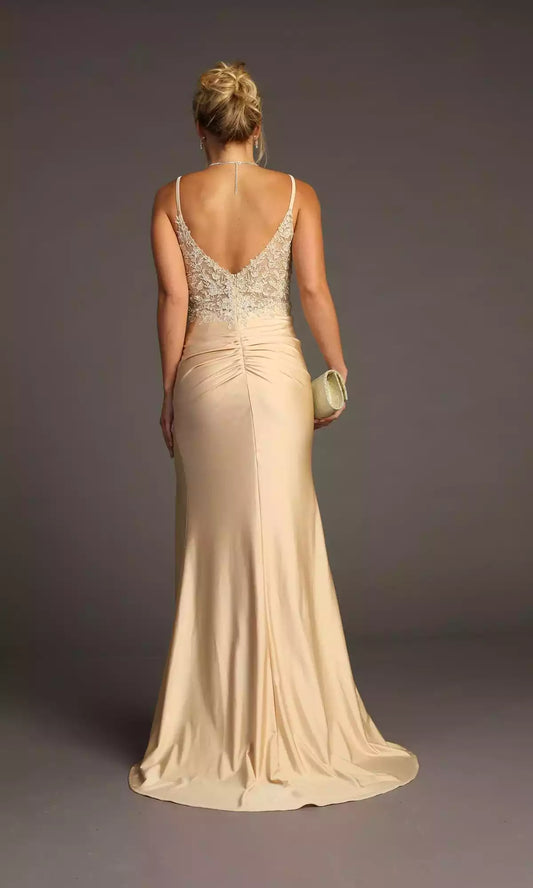 Enchanting deep V-neck sheer embroidered floral lace slim shoulder straps with side slits Prom Dresses
