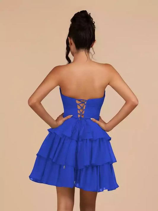 Enchanting lightweight chiffon A-line silhouette with slim fit, ruffled floral accents, strapless neckline, slim fit, Homecoming Dresses