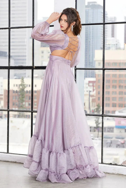 Ethereal A-Line V-Neck Bishop Sleeve Lace Up Back Floor Length Prom Dress by YiHuiw
