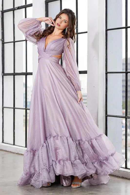 Ethereal A-Line V-Neck Bishop Sleeve Lace Up Back Floor Length Prom Dress by YiHuiw