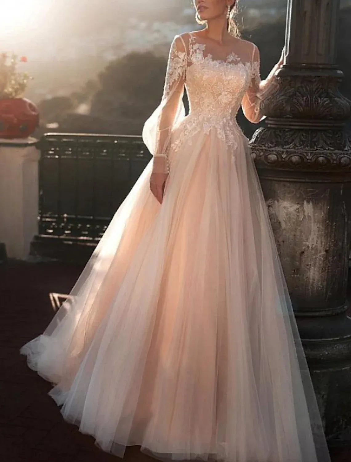 Ball Gown Illusion Puff Sleeve Button Back Floor-Length Wedding Gown - Yihuiw by Yihuiw