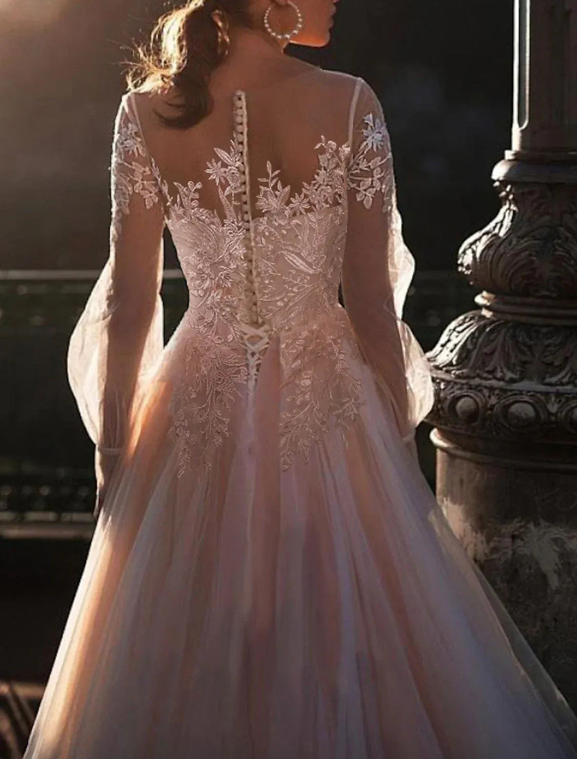 Ball Gown Illusion Puff Sleeve Button Back Floor-Length Wedding Gown - Yihuiw by Yihuiw