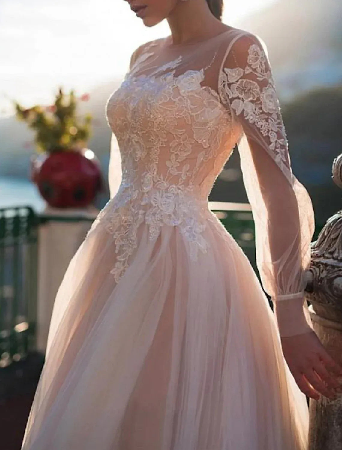 Ball Gown Illusion Puff Sleeve Button Back Floor-Length Wedding Gown - Yihuiw by Yihuiw