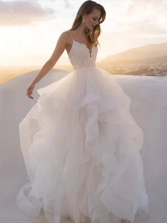 A-Line Spaghetti Strap Tulle Ruffled Wedding Dress - Yihuiw by Yihuiw