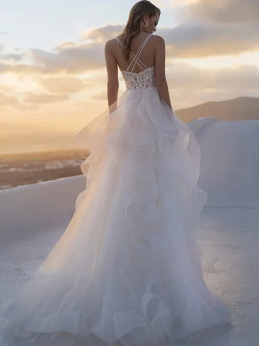 A-Line Spaghetti Strap Tulle Ruffled Wedding Dress - Yihuiw by Yihuiw