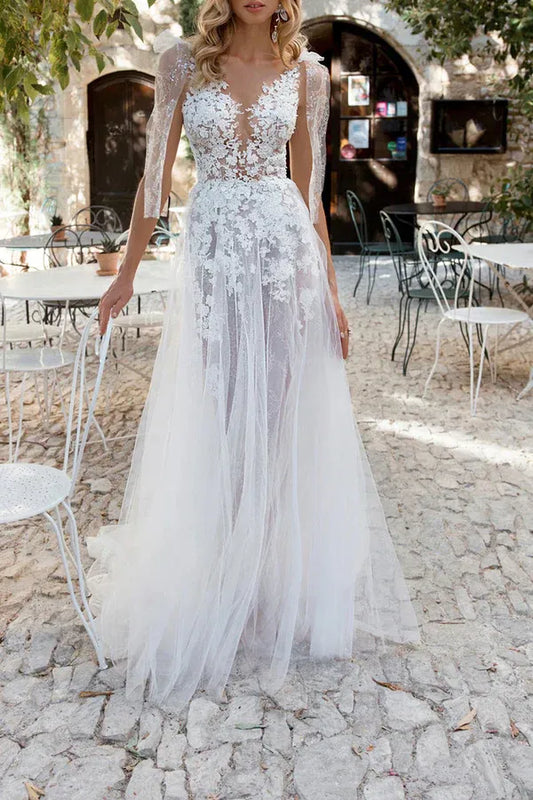 A-Line V-Neck Tulle Floor-Length Wedding Dress - Yihuiw by Yihuiw