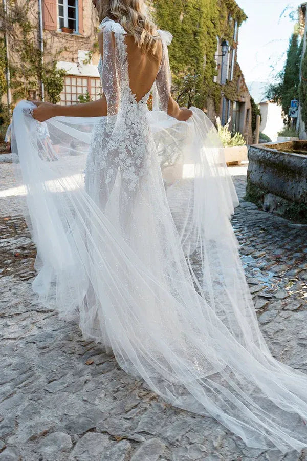 A-Line V-Neck Tulle Floor-Length Wedding Dress - Yihuiw by Yihuiw