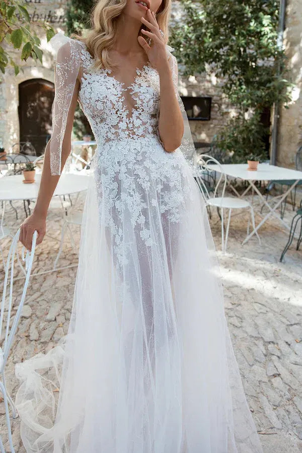 A-Line V-Neck Tulle Floor-Length Wedding Dress - Yihuiw by Yihuiw