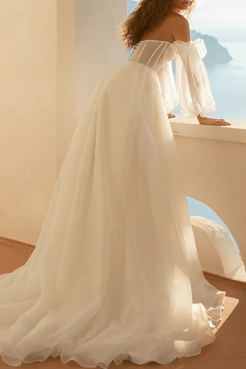 Ethereal Chiffon Ballgown Off-the-Shoulder Puff-Sleeve Corset-Back High-Slit Wedding Dress by YiHuiw