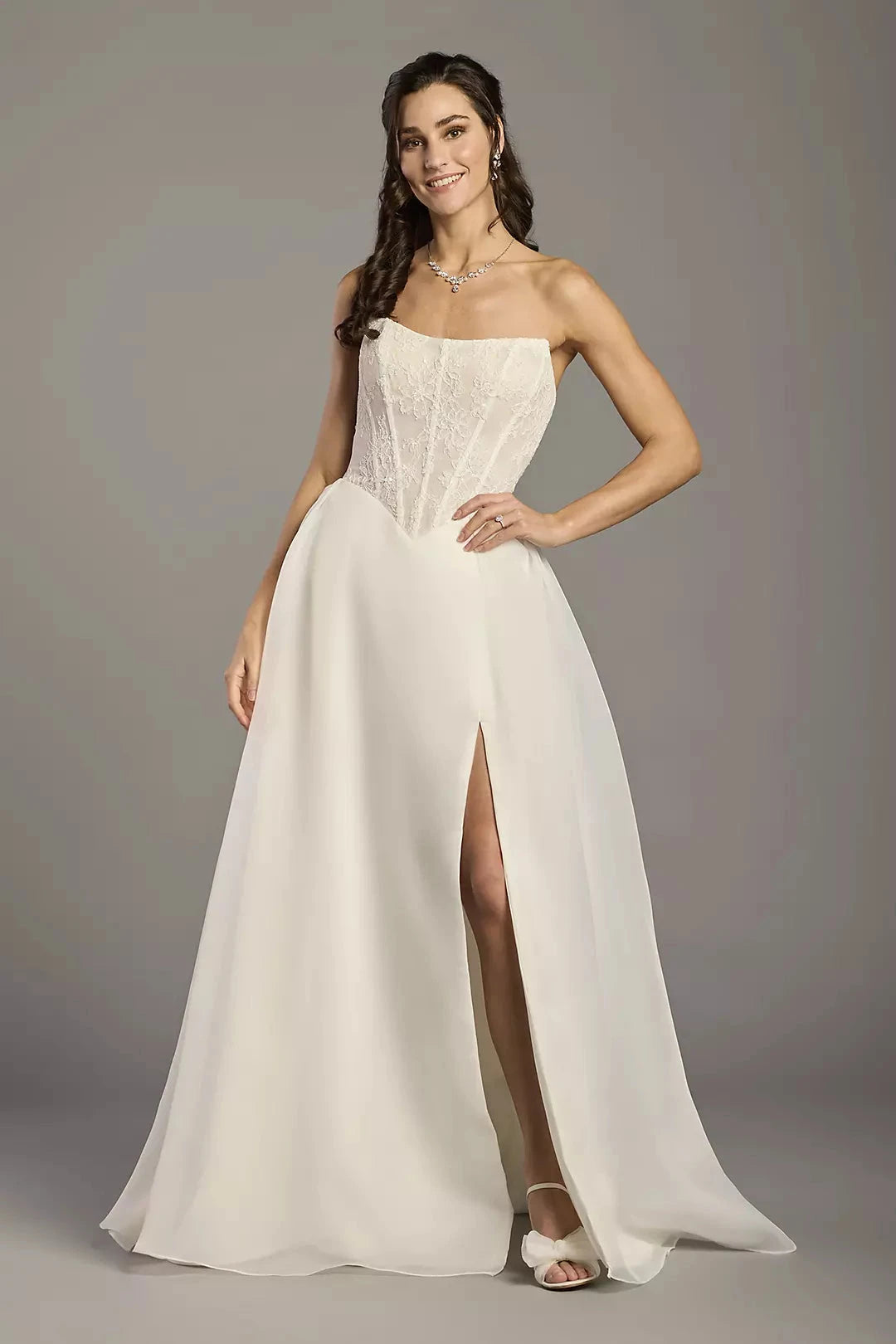 Ethereal Chiffon Ballgown Strapless Lace-Bodice High-Slit Train Wedding Dress by YiHuiw
