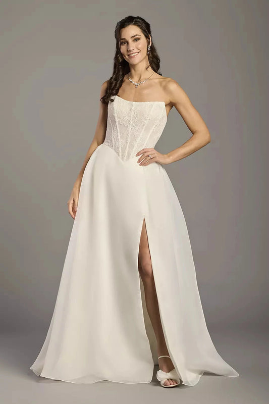 Ethereal Chiffon Ballgown Strapless Lace-Bodice High-Slit Train Wedding Dress by YiHuiw