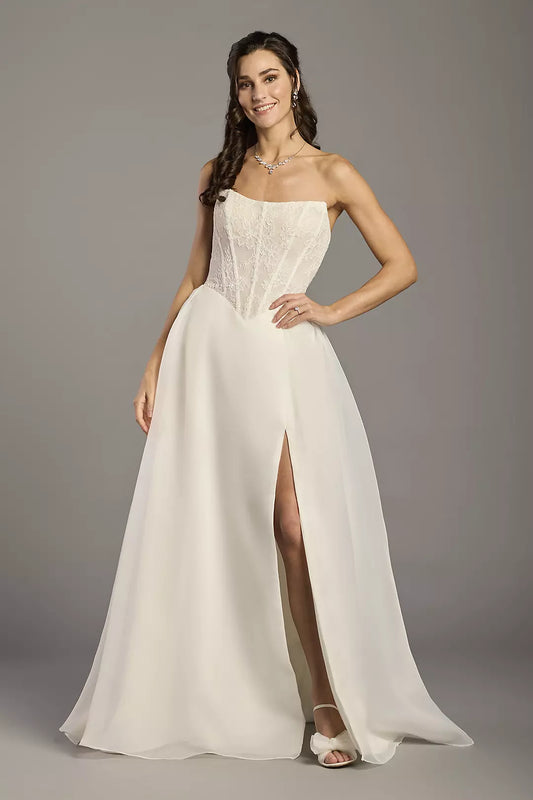 Ethereal Chiffon Ballgown Strapless Lace-Bodice High-Slit Train Wedding Dress