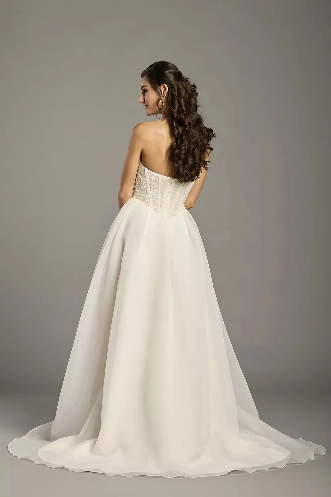 Ethereal Chiffon Ballgown Strapless Lace-Bodice High-Slit Train Wedding Dress by YiHuiw