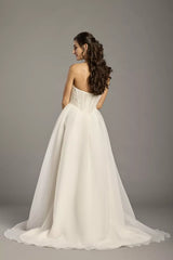 Ethereal Chiffon Ballgown Strapless Lace-Bodice High-Slit Train Wedding Dress