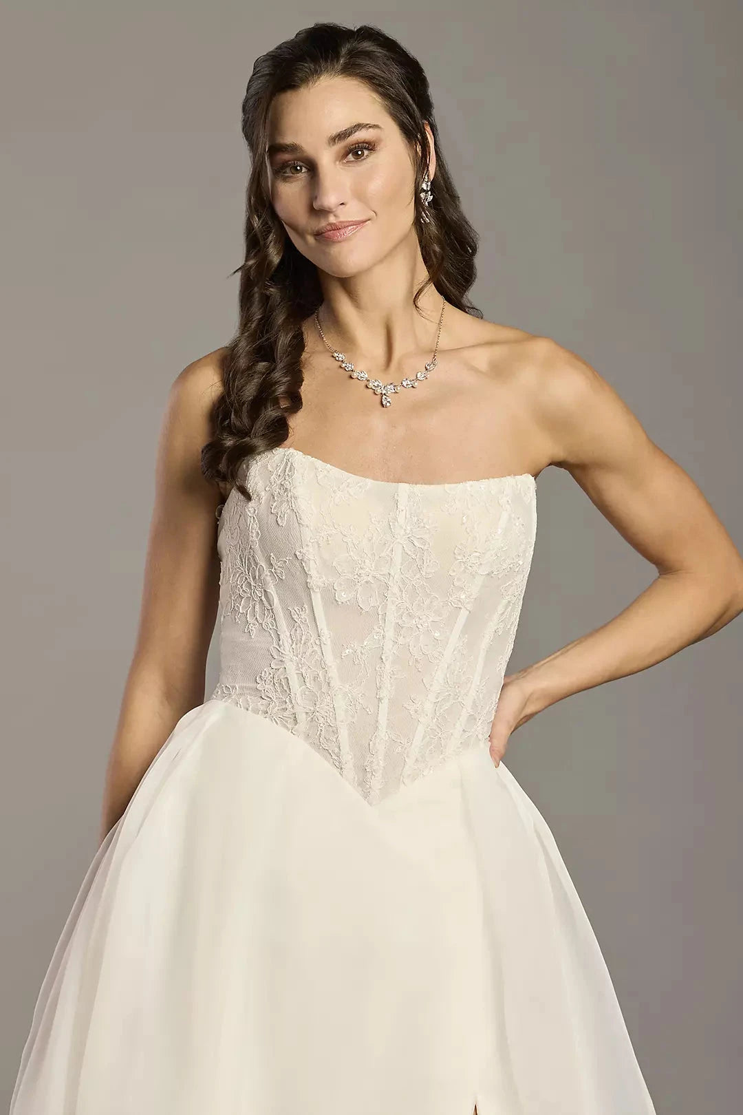 Ethereal Chiffon Ballgown Strapless Lace-Bodice High-Slit Train Wedding Dress by YiHuiw