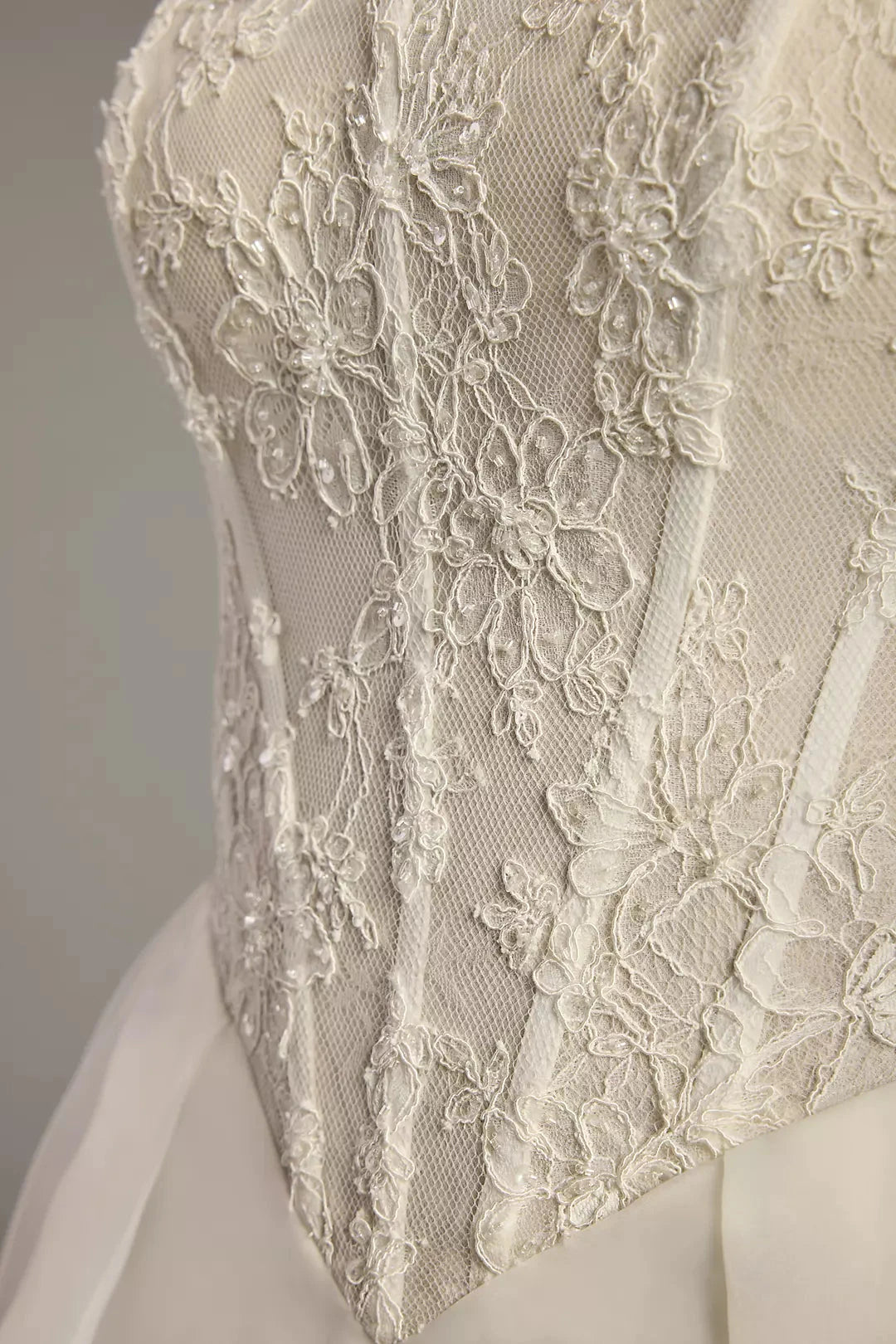 Ethereal Chiffon Ballgown Strapless Lace-Bodice High-Slit Train Wedding Dress by YiHuiw