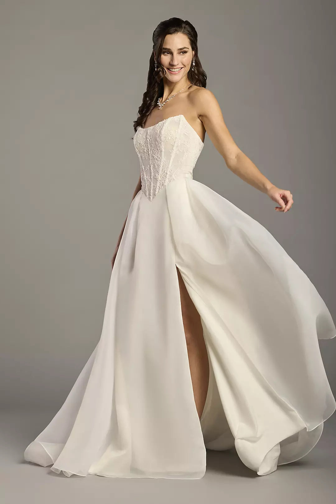 Ethereal Chiffon Ballgown Strapless Lace-Bodice High-Slit Train Wedding Dress