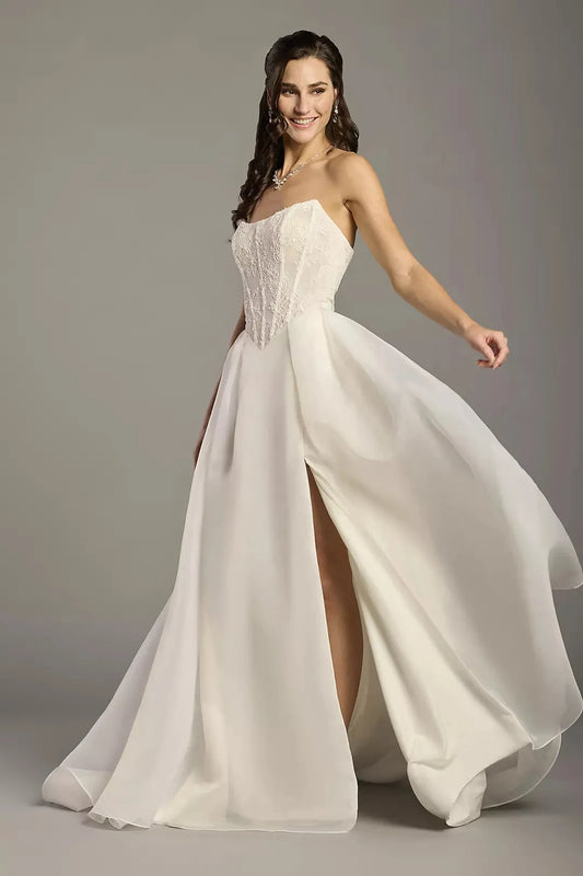 Ethereal Chiffon Ballgown Strapless Lace-Bodice High-Slit Train Wedding Dress by YiHuiw