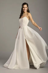 Ethereal Chiffon Ballgown Strapless Lace-Bodice High-Slit Train Wedding Dress