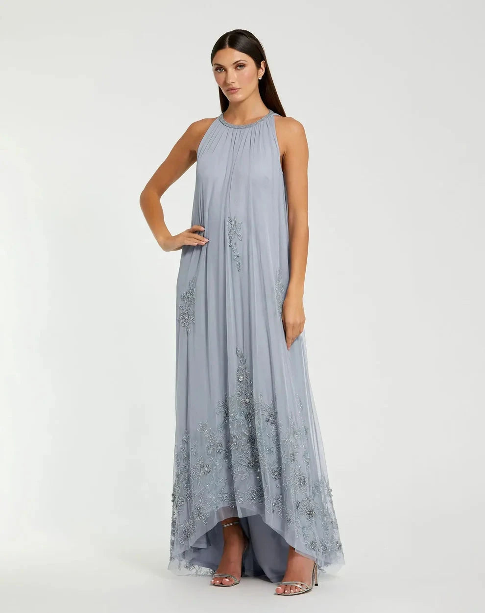 Ethereal Dusty Blue Tulle Gown Halter Neck Sleeveless Zipper Back High-Low Hem Embellished Evening Dresses by LANQI DRESS