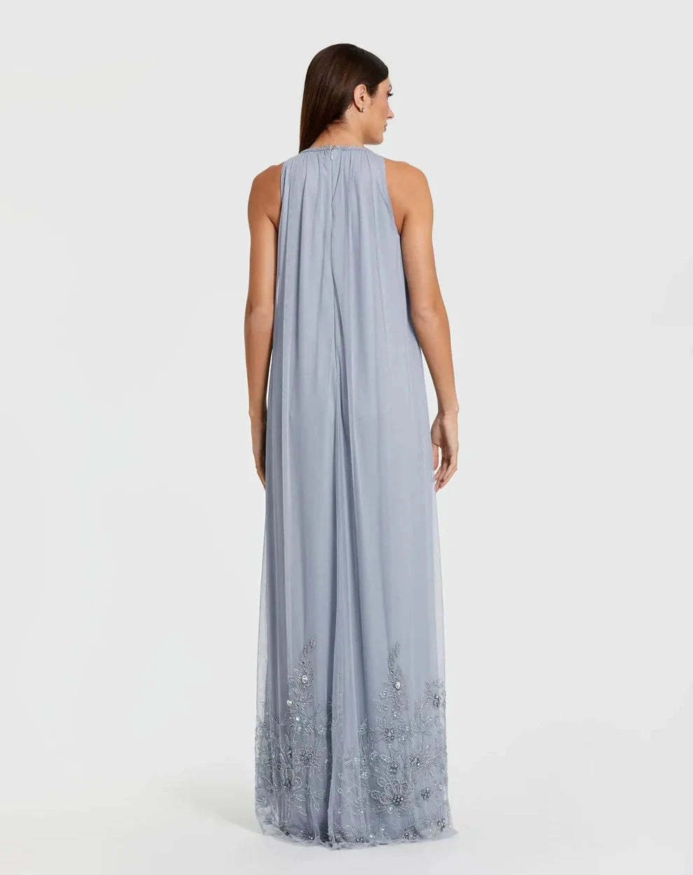 Ethereal Dusty Blue Tulle Gown Halter Neck Sleeveless Zipper Back High-Low Hem Embellished Evening Dresses by LANQI DRESS