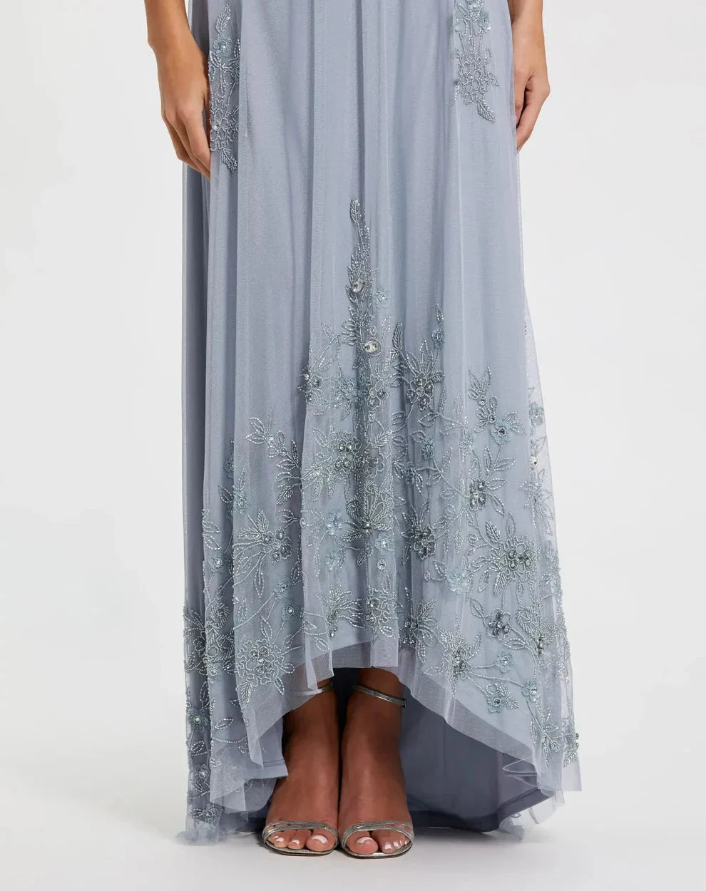 Ethereal Dusty Blue Tulle Gown Halter Neck Sleeveless Zipper Back High-Low Hem Embellished Evening Dresses by LANQI DRESS