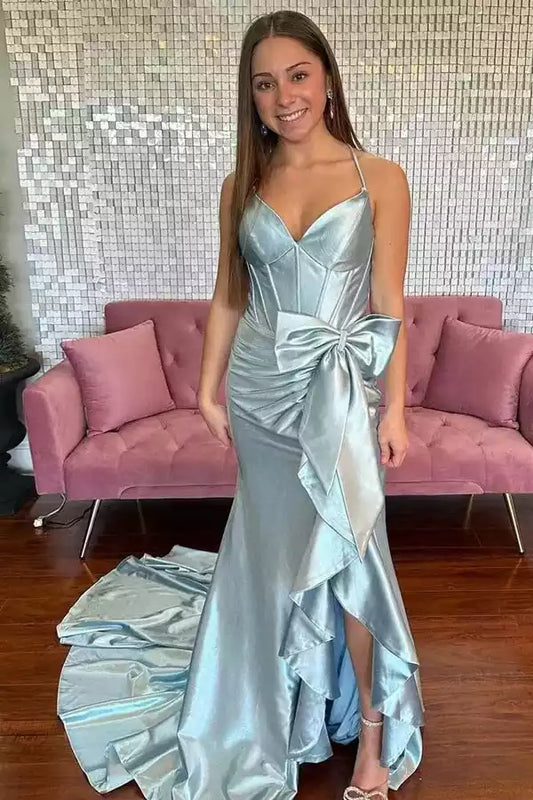 Ethereal Ice Blue Iridescent Satin Mermaid Dress with Bow Accent & Lace-Up Back