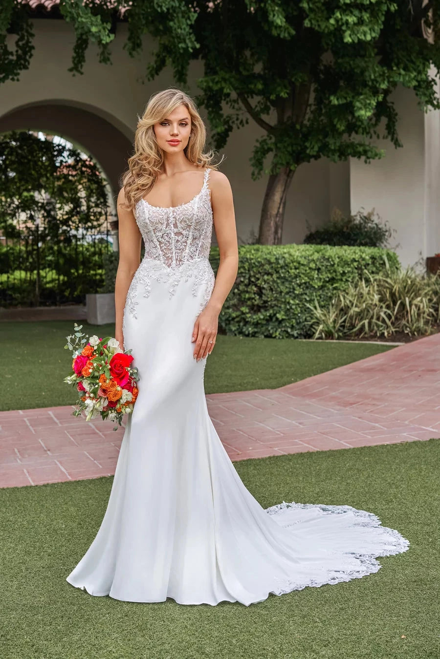 Ethereal Lace & Crepe Mermaid Sweetheart-Neck Sleeveless Low-Back Train Wedding Dress by YiHuiw