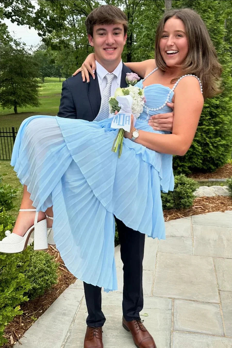 Ethereal Light Blue Tiered Sweetheart Neck Pearl-Strap Sleeveless Open Back Midi Prom Dress by JiMiss Dresses