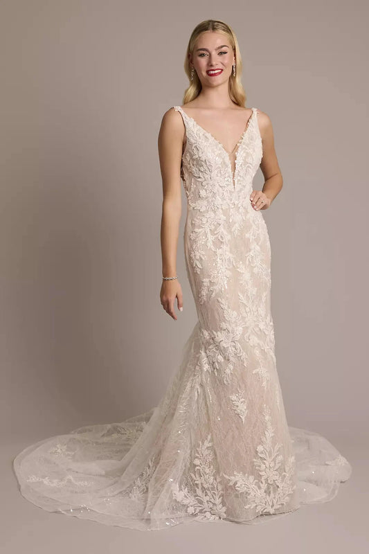 Ethereal Mermaid Spaghetti-Strap Deep V-Neck Lace-Embellished Open-Back Train Wedding Dress by YiHuiw