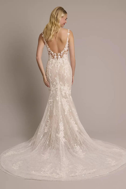 Ethereal Mermaid Spaghetti-Strap Deep V-Neck Lace-Embellished Open-Back Train Wedding Dress by YiHuiw