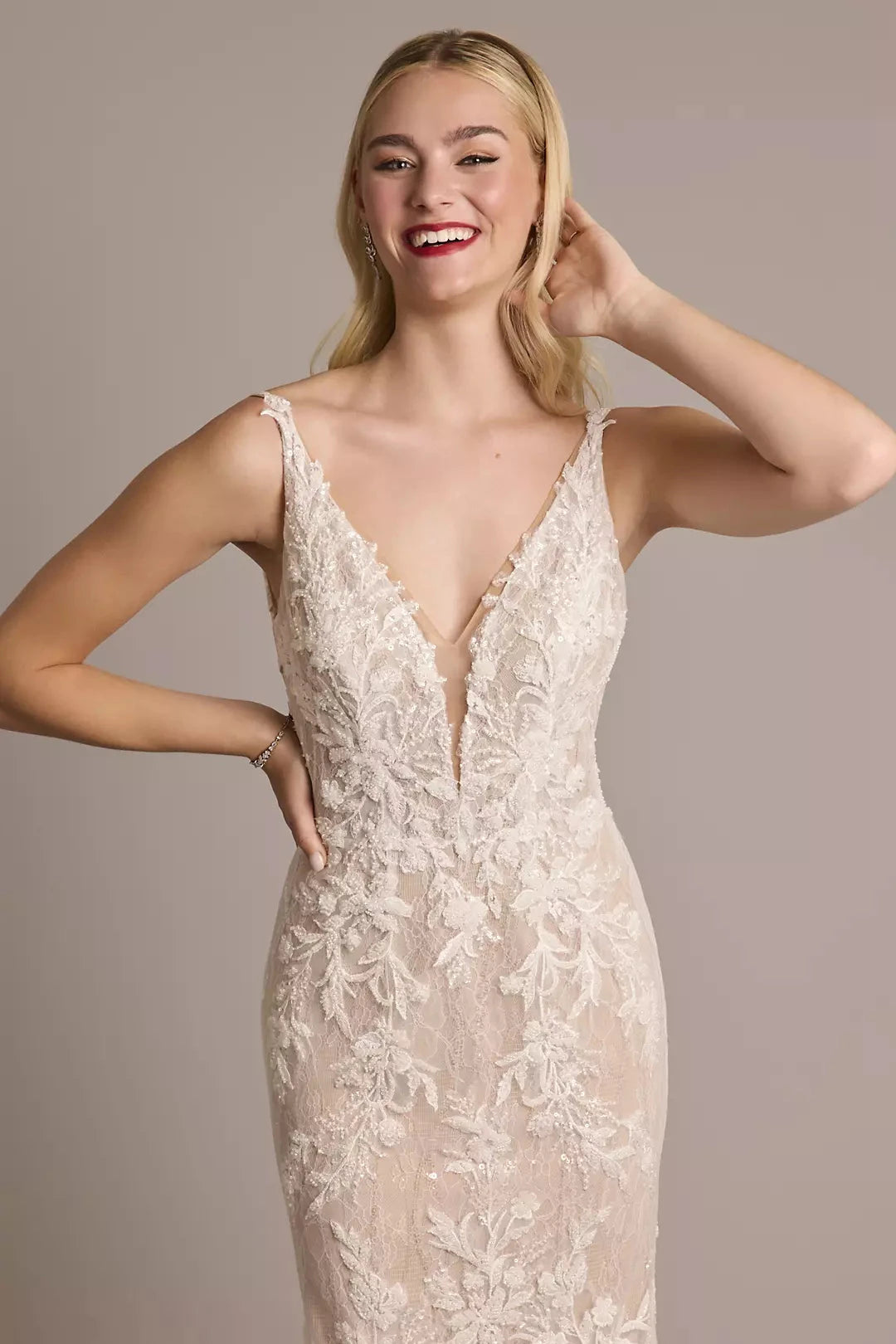 Ethereal Mermaid Spaghetti-Strap Deep V-Neck Lace-Embellished Open-Back Train Wedding Dress by YiHuiw