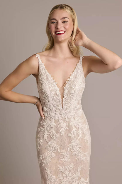Ethereal Mermaid Spaghetti-Strap Deep V-Neck Lace-Embellished Open-Back Train Wedding Dress by YiHuiw