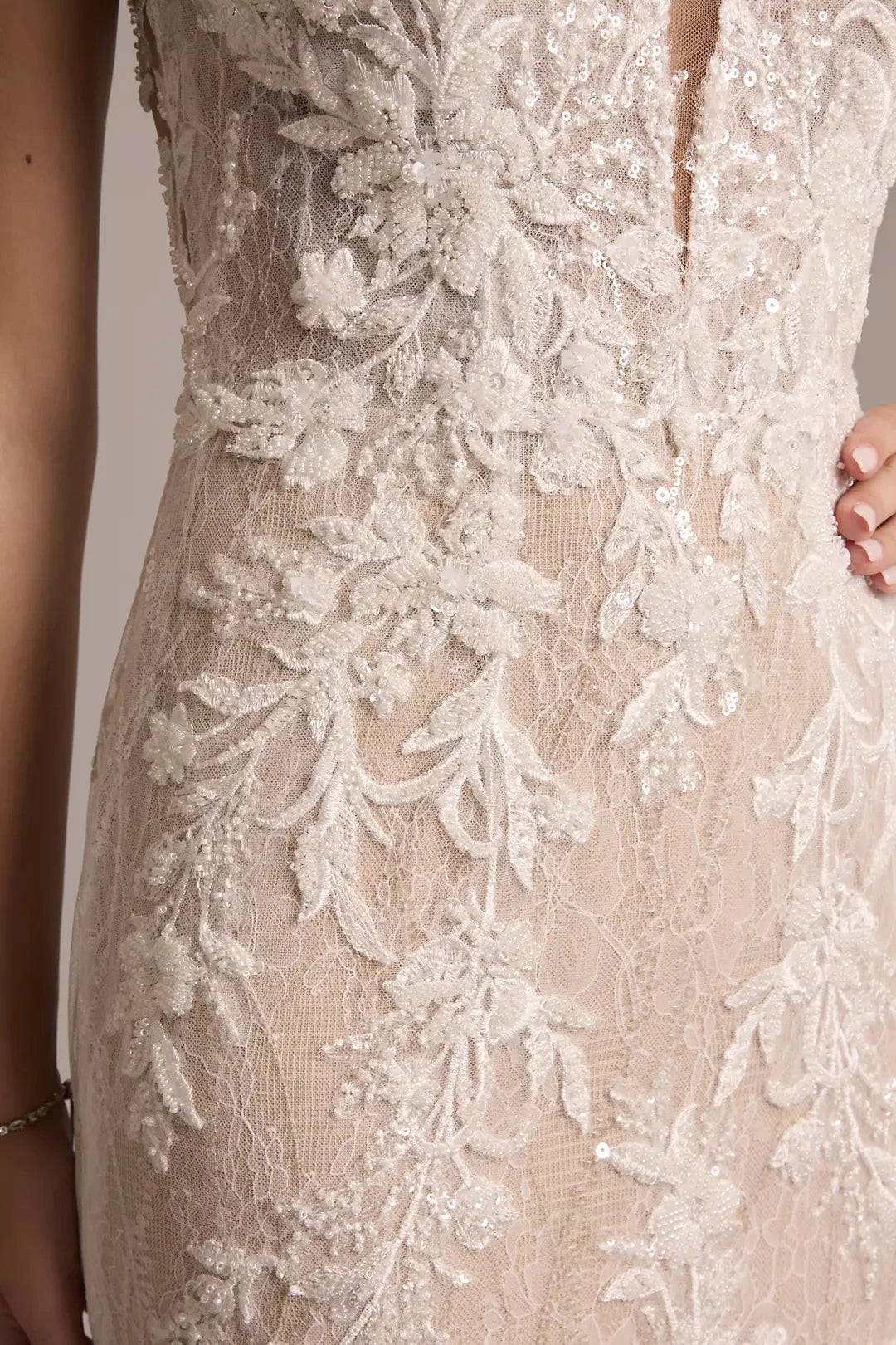 Ethereal Mermaid Spaghetti-Strap Deep V-Neck Lace-Embellished Open-Back Train Wedding Dress by YiHuiw