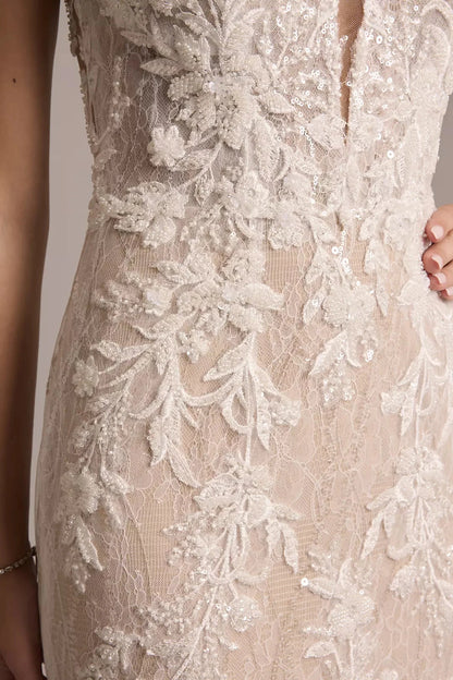 Ethereal Mermaid Spaghetti-Strap Deep V-Neck Lace-Embellished Open-Back Train Wedding Dress by YiHuiw