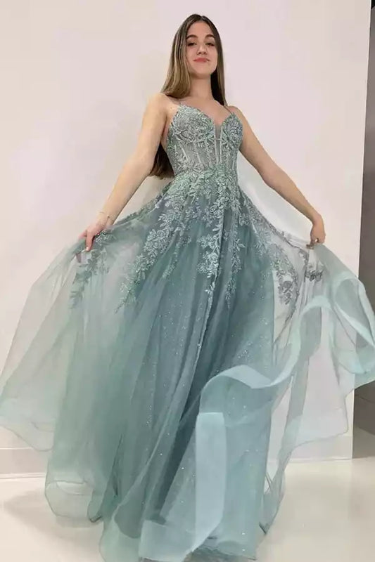 Ethereal Sage Green Tulle Ball Dress with Lace V-Neck Bodice & Lace-Up Back